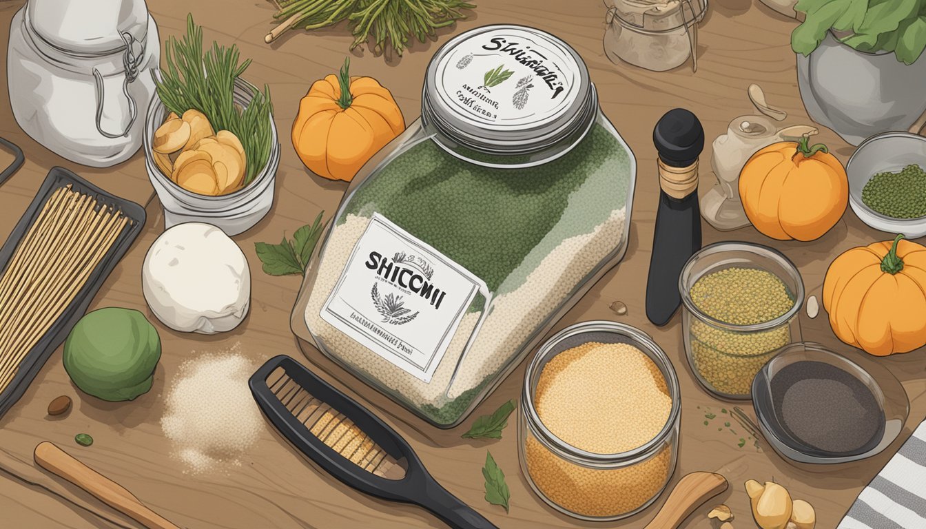 A jar of shichimi togarashi sits on a kitchen counter, surrounded by various cooking utensils and ingredients. The label on the jar is faded, indicating it has been used frequently