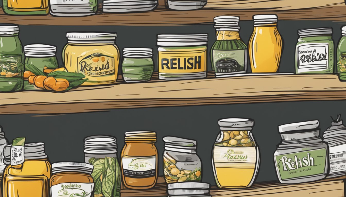 A jar of relish sits on a shelf, surrounded by other condiments. The expiration date is clearly marked on the label