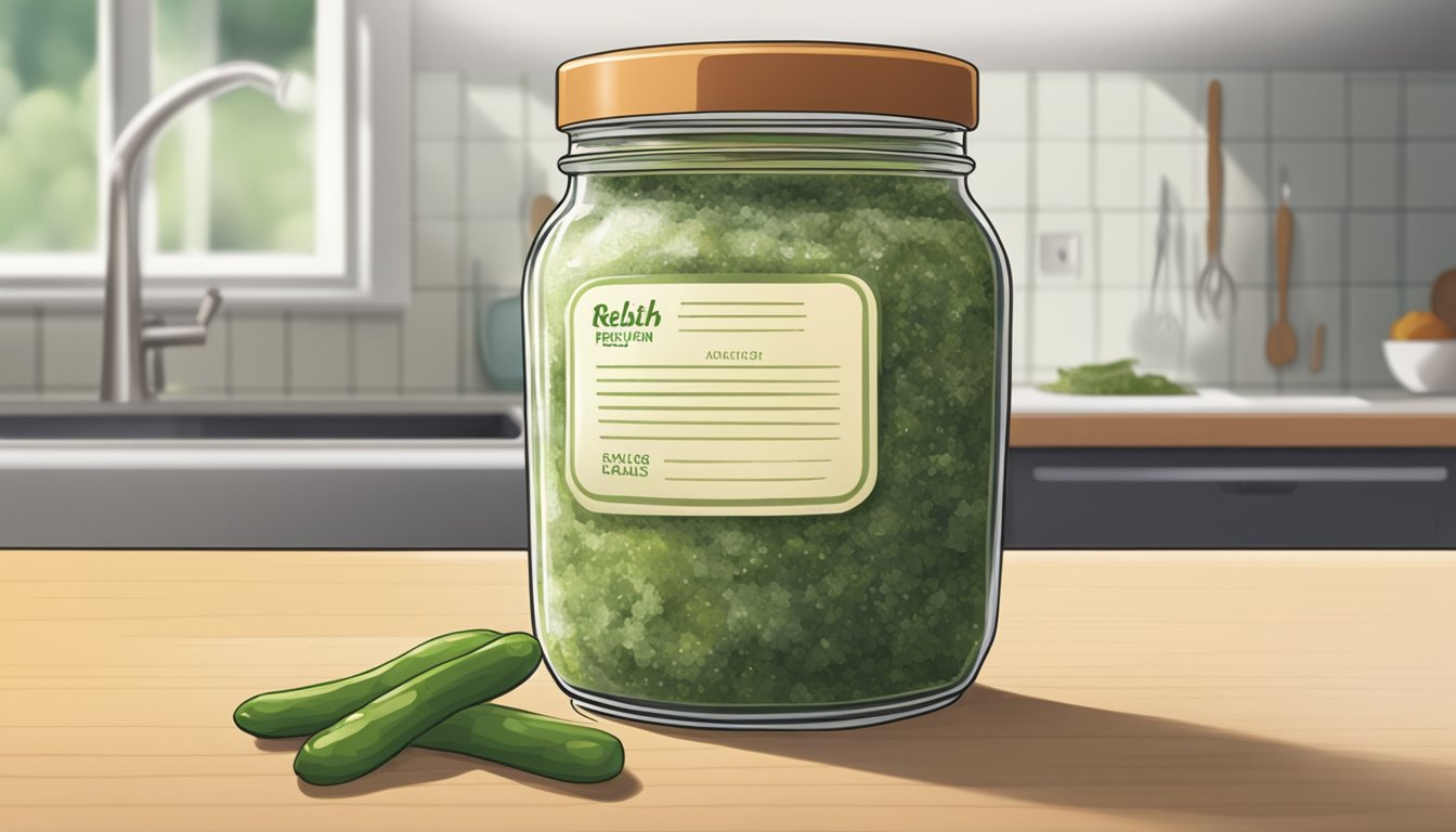 A jar of relish sits open on a kitchen counter. Mold and discoloration are visible on the surface, indicating spoilage