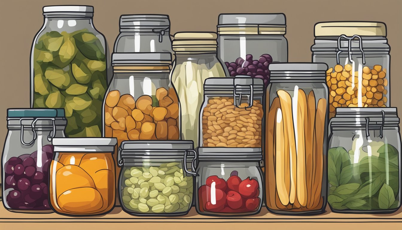 Various food items stored in proper containers. A jar of relish sits among other preserved goods in a pantry