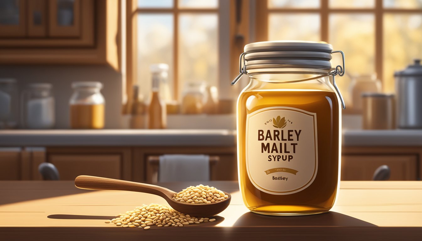 A jar of barley malt syrup sits on a wooden kitchen counter, surrounded by grains of barley and a measuring spoon. Sunlight streams in through a nearby window, casting a warm glow on the scene