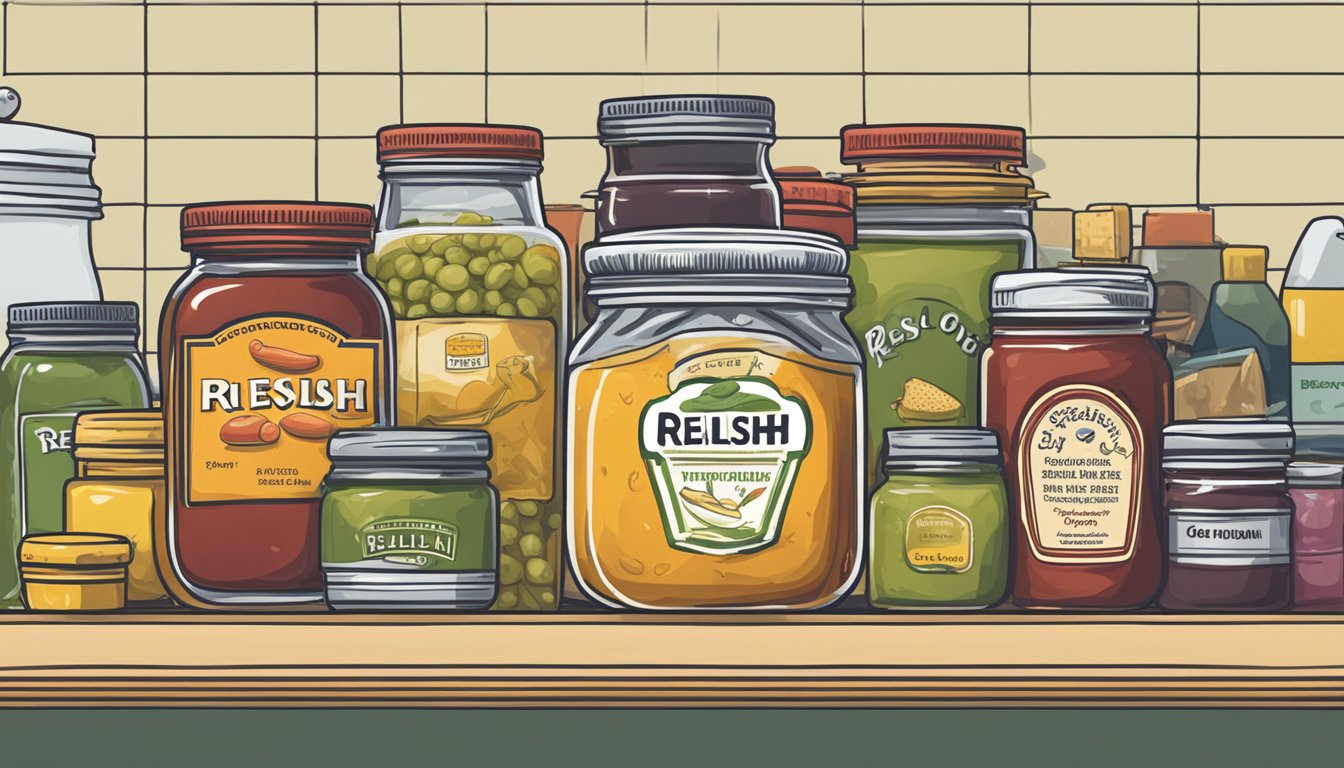 A jar of relish sits on a kitchen shelf, surrounded by other condiments. The label indicates the expiration date, and a spoonful of relish is shown on a hotdog