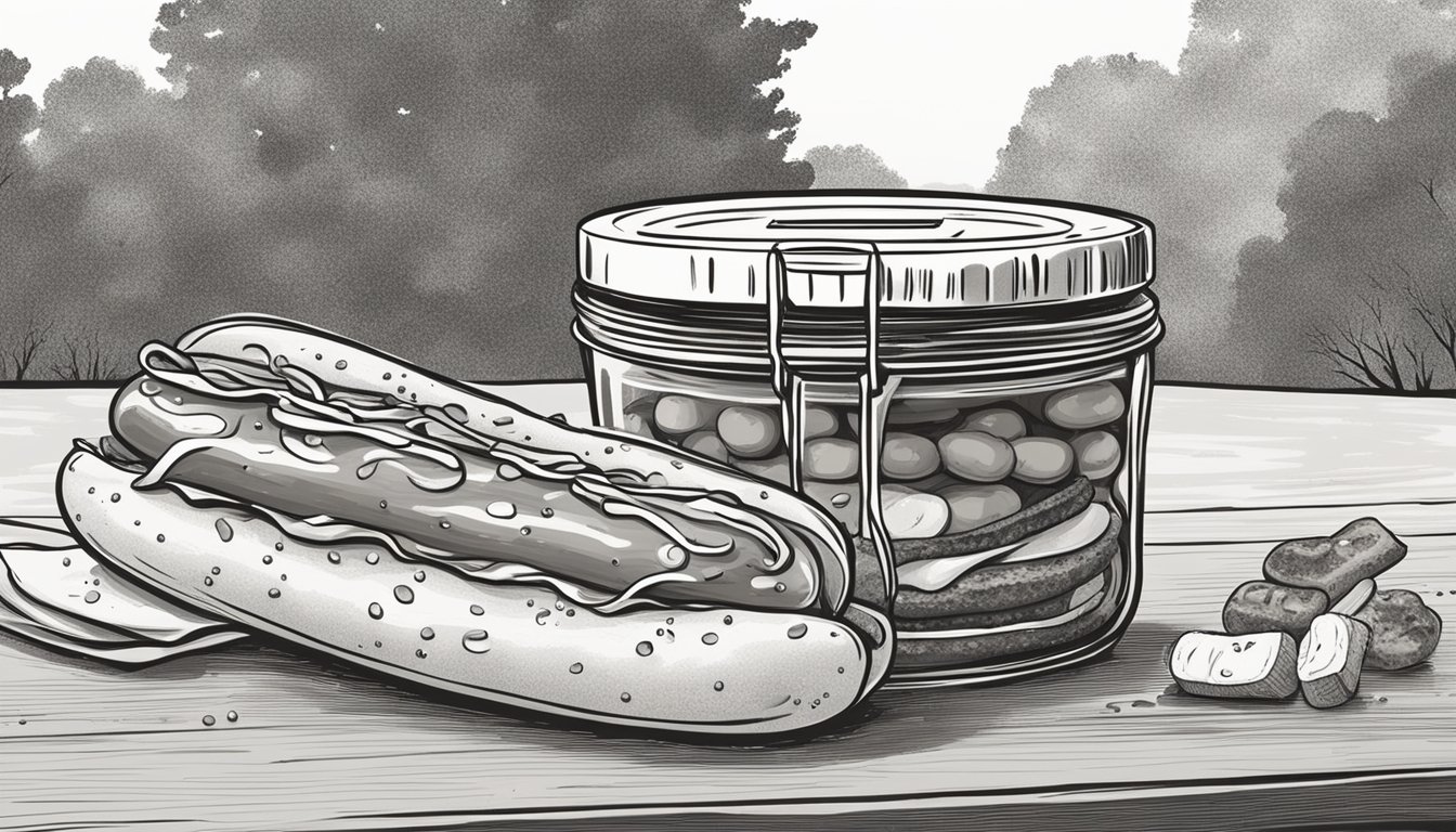 A jar of relish sits on a picnic table, surrounded by empty hot dog buns and condiment smudges. The lid is slightly ajar, with a few droplets of relish spilling out onto the table