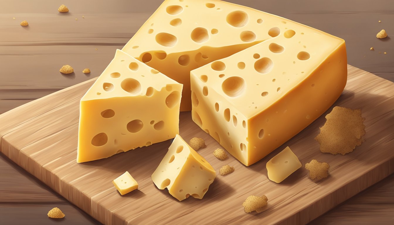 A block of hard cheese sits on a wooden cutting board, surrounded by a few scattered crumbs. The cheese has a slightly aged appearance, with a few small cracks on the surface