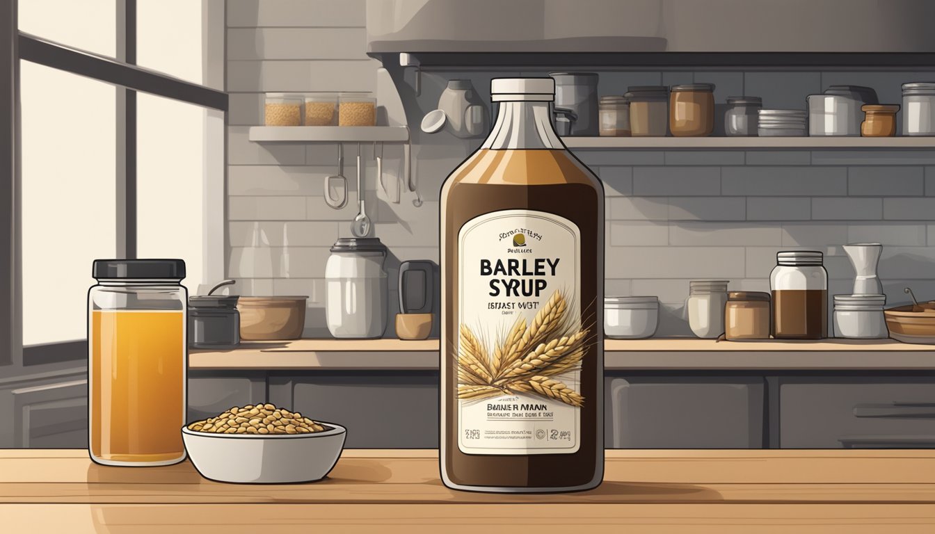 A bottle of barley malt syrup sits on a kitchen shelf, surrounded by various food items. The syrup appears dark and thick, with no visible signs of spoilage