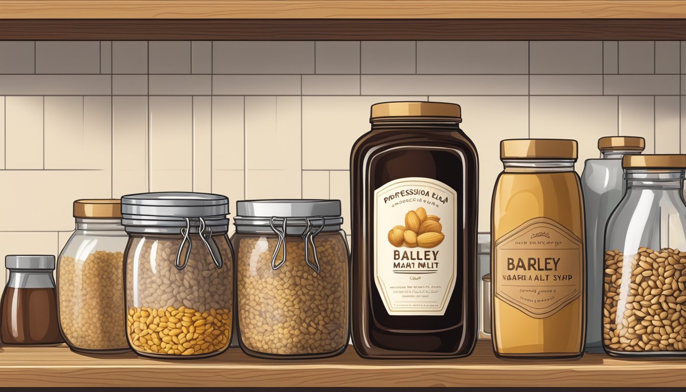 A jar of barley malt syrup sits on a kitchen shelf, surrounded by other pantry items. The label is clear and the syrup inside is golden and smooth