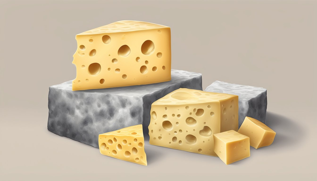 A block of hard cheese with visible mold and a pungent odor