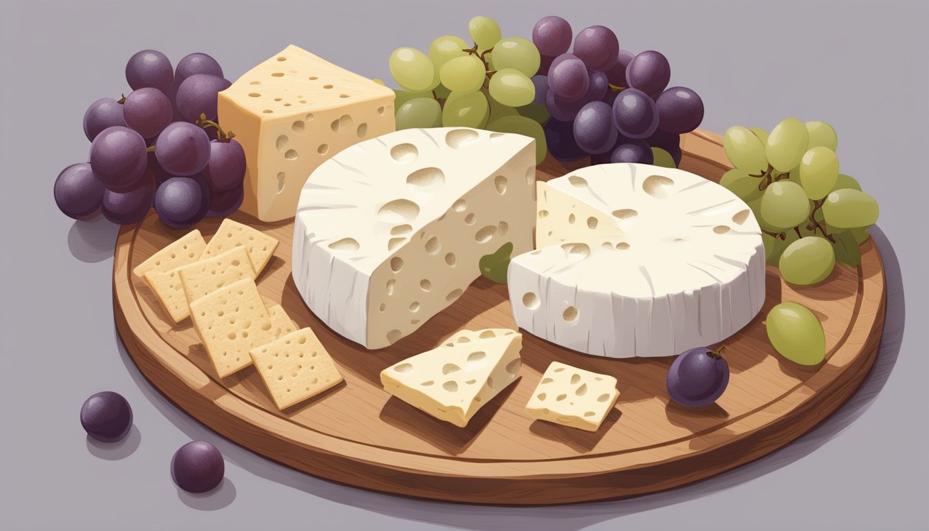 A wheel of soft cheese sits on a wooden cutting board, surrounded by crackers and grapes. A faint aroma of fermentation wafts through the air