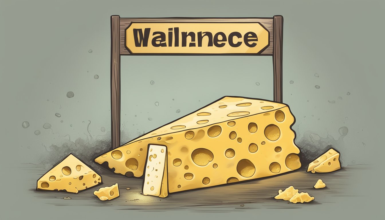 A wedge of moldy hard cheese next to a warning sign