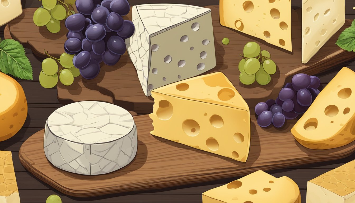 A variety of cheeses, including hard cheese, are arranged on a wooden board. Some are wrapped in paper, while others are cut into wedges. A few slices of bread and some grapes complete the scene