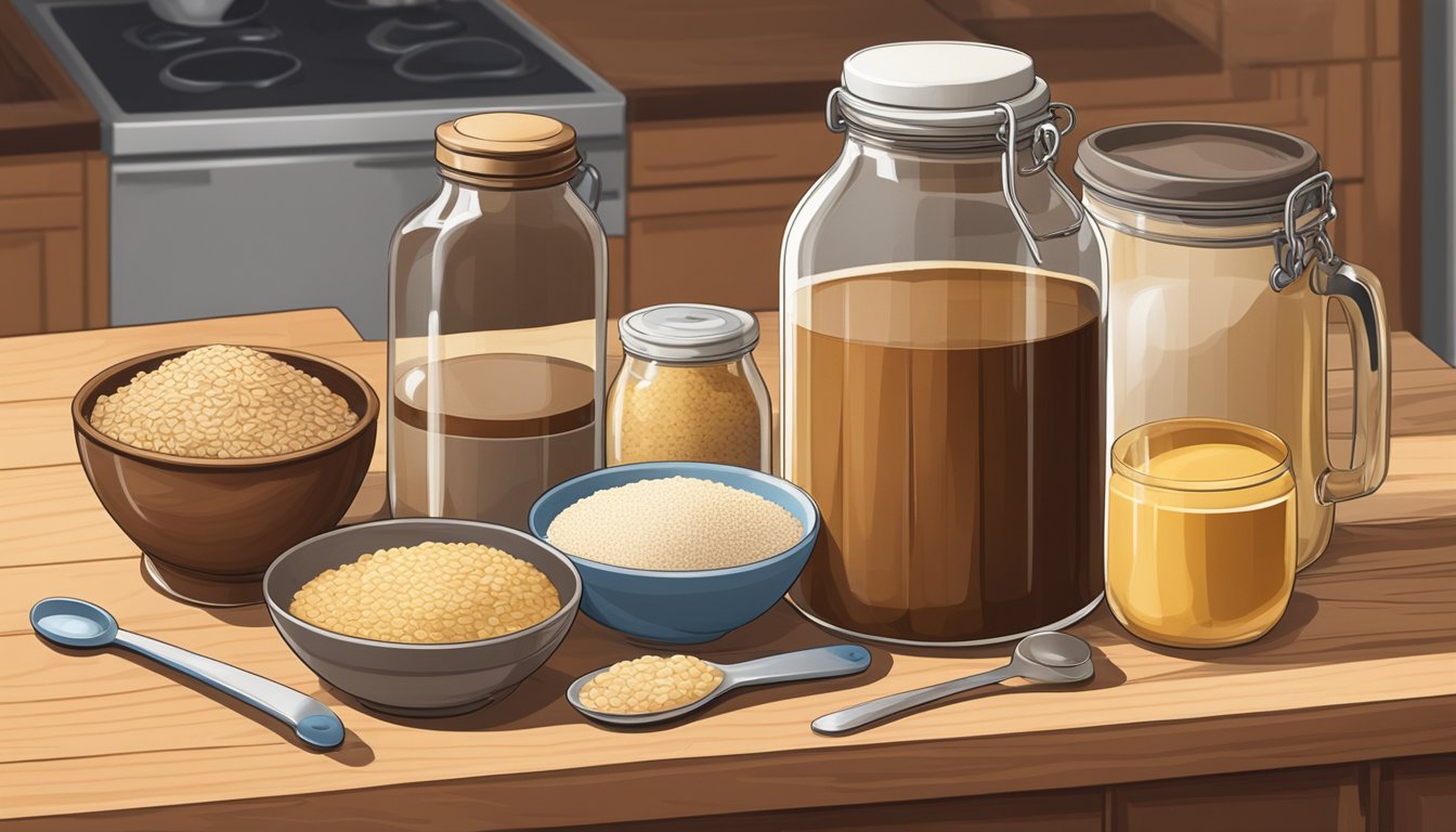 A jar of barley malt syrup sits on a wooden kitchen counter, surrounded by measuring spoons, a mixing bowl, and various baking ingredients