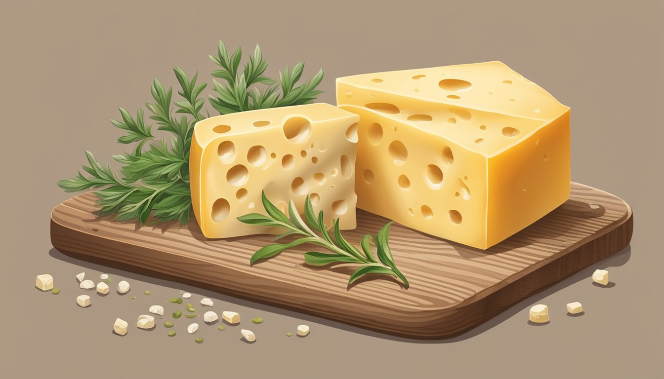 A block of hard cheese sits on a rustic wooden cutting board, surrounded by scattered herbs and a vintage cheese grater