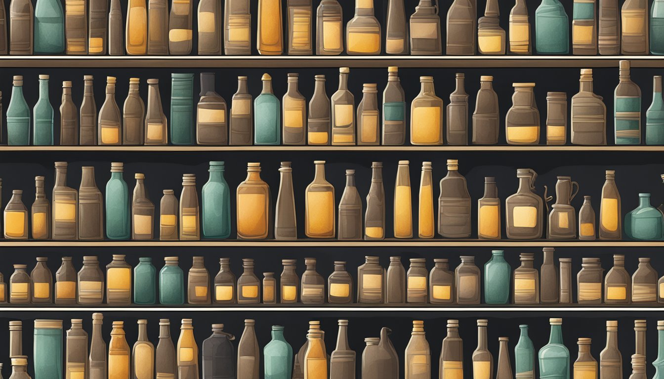 A shelf of dusty, unlabeled bottles filled with dark, viscous liquid. A few have leaked, leaving sticky, amber-colored trails down the side of the shelf