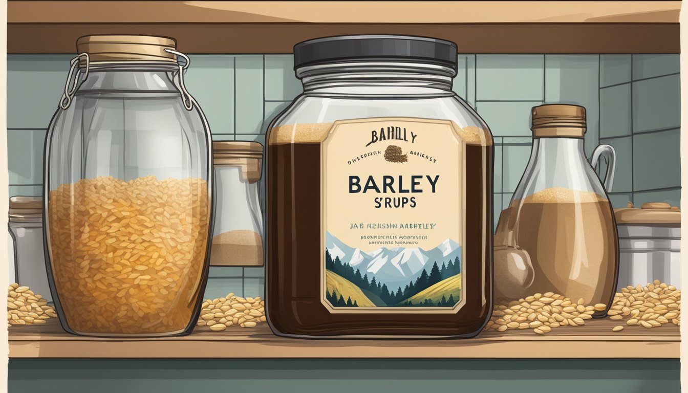 A jar of barley malt syrup sits on a kitchen shelf, surrounded by other ingredients. The label on the jar is faded, indicating its age