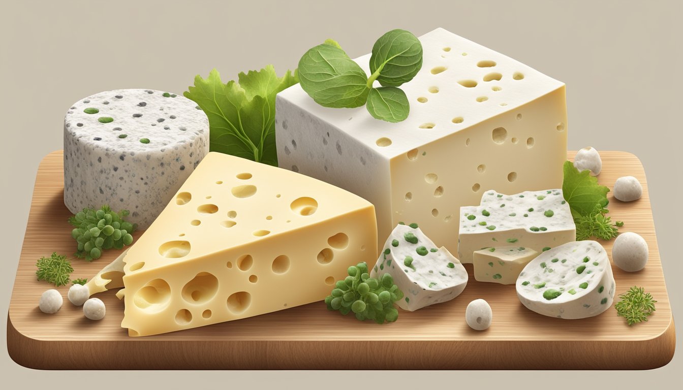 A block of soft cheese sits on a wooden cutting board, surrounded by various types of bacteria and mold spores