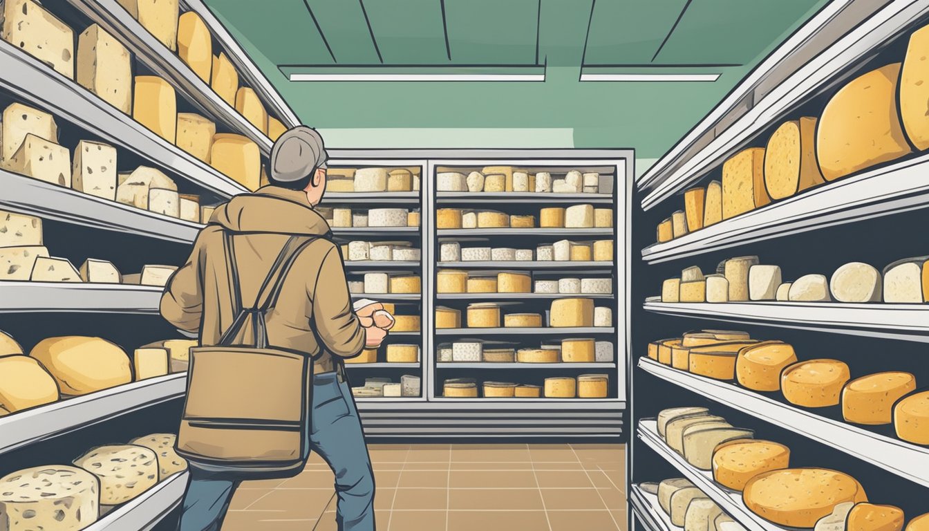 A person selecting various soft cheeses from a display case at a specialty grocery store