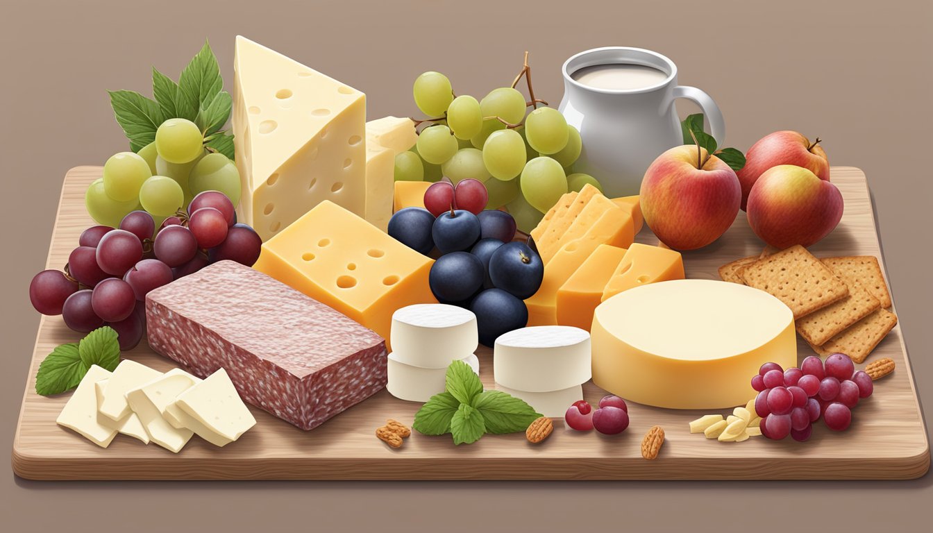 A charcuterie board with various soft cheeses, crackers, and fruit