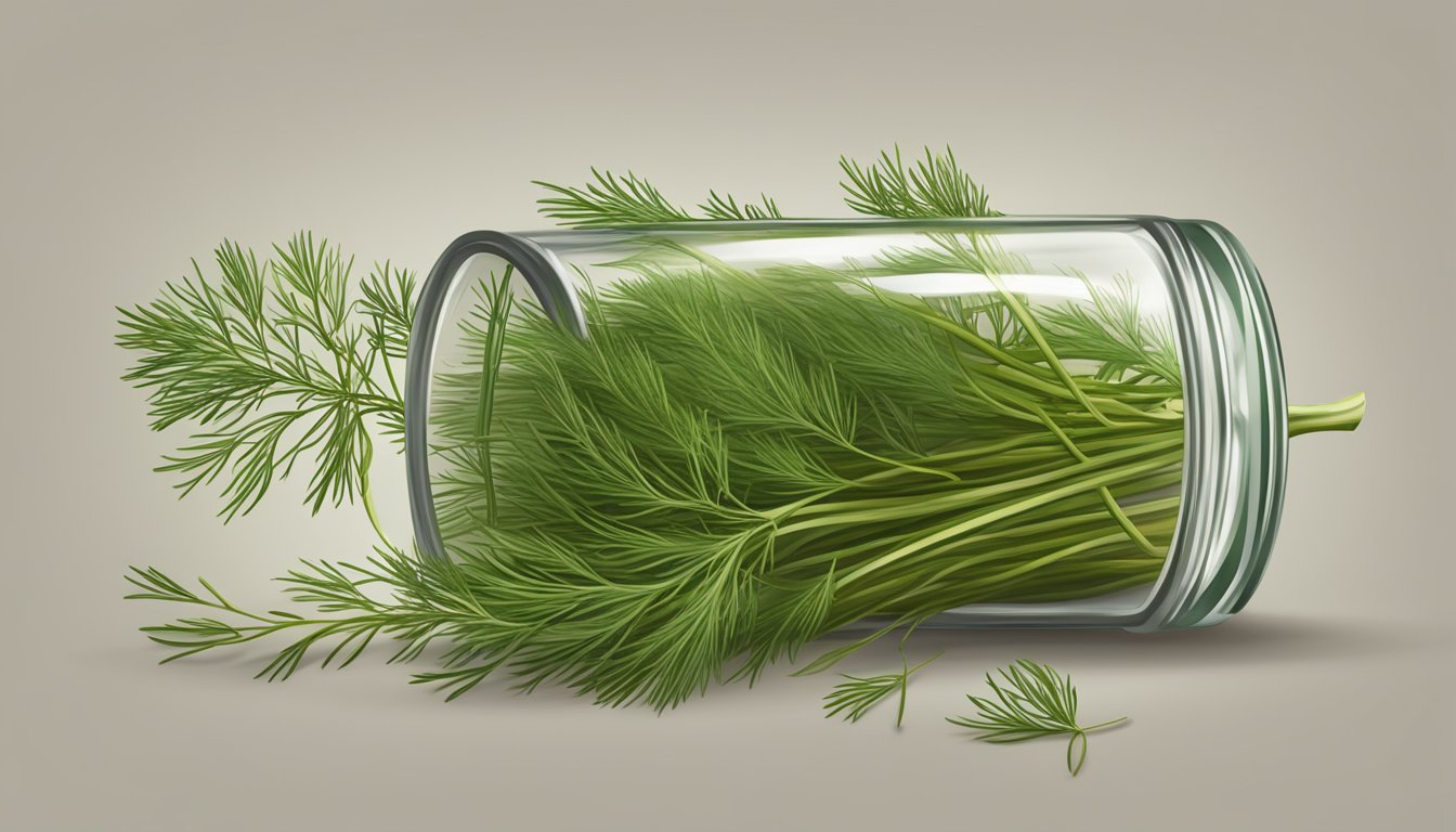 A bundle of fresh dill alongside dried dill in a glass jar