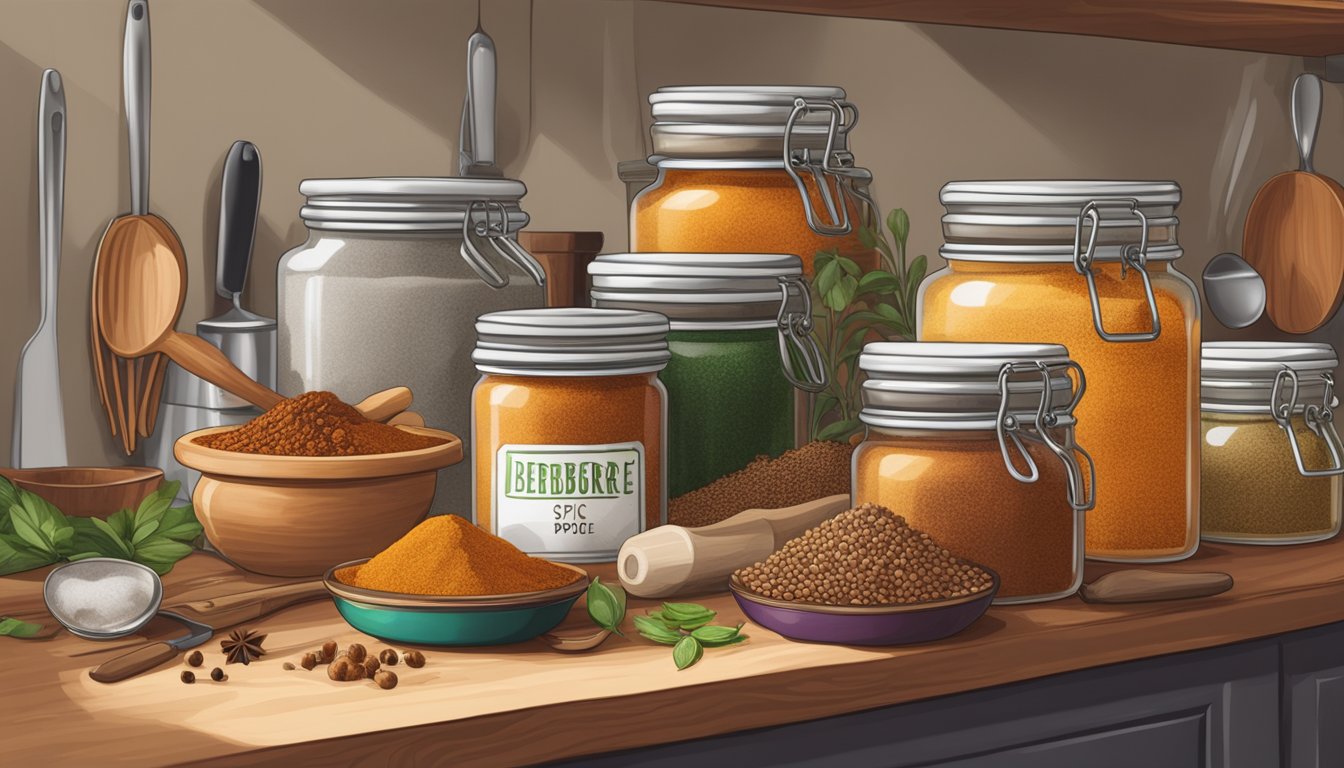 A jar of Berbere spice sits on a kitchen shelf, surrounded by colorful ingredients and cooking utensils