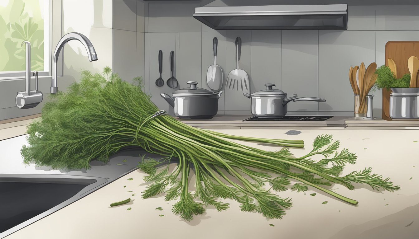 A bunch of wilting dill leaves surrounded by moldy patches on a kitchen counter