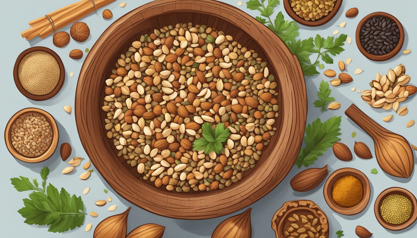 A wooden bowl filled with a mixture of toasted nuts, seeds, and spices, surrounded by whole ingredients like sesame seeds, coriander, and cumin