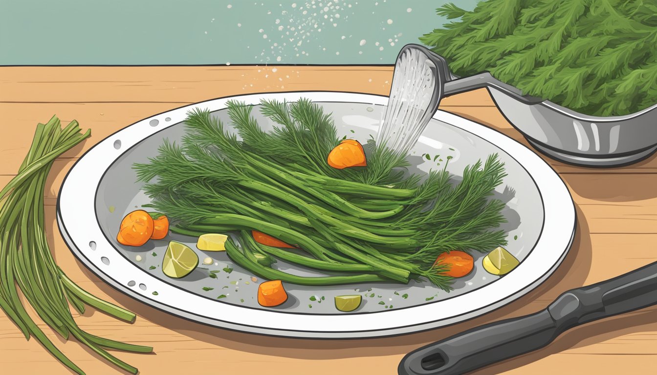 Fresh dill being sprinkled onto a sizzling hot skillet of sautéed vegetables