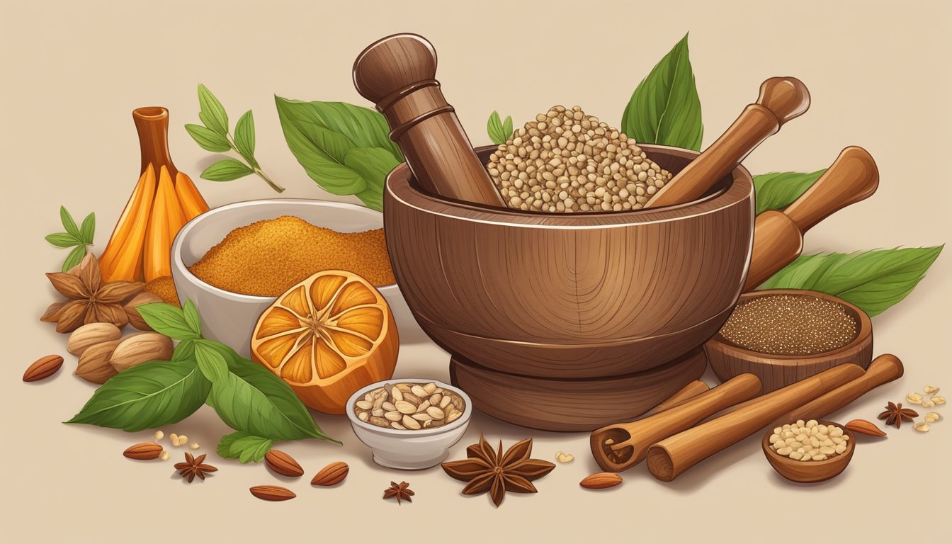 A wooden mortar and pestle filled with fragrant spices and nuts, surrounded by various ingredients like sesame seeds and cumin