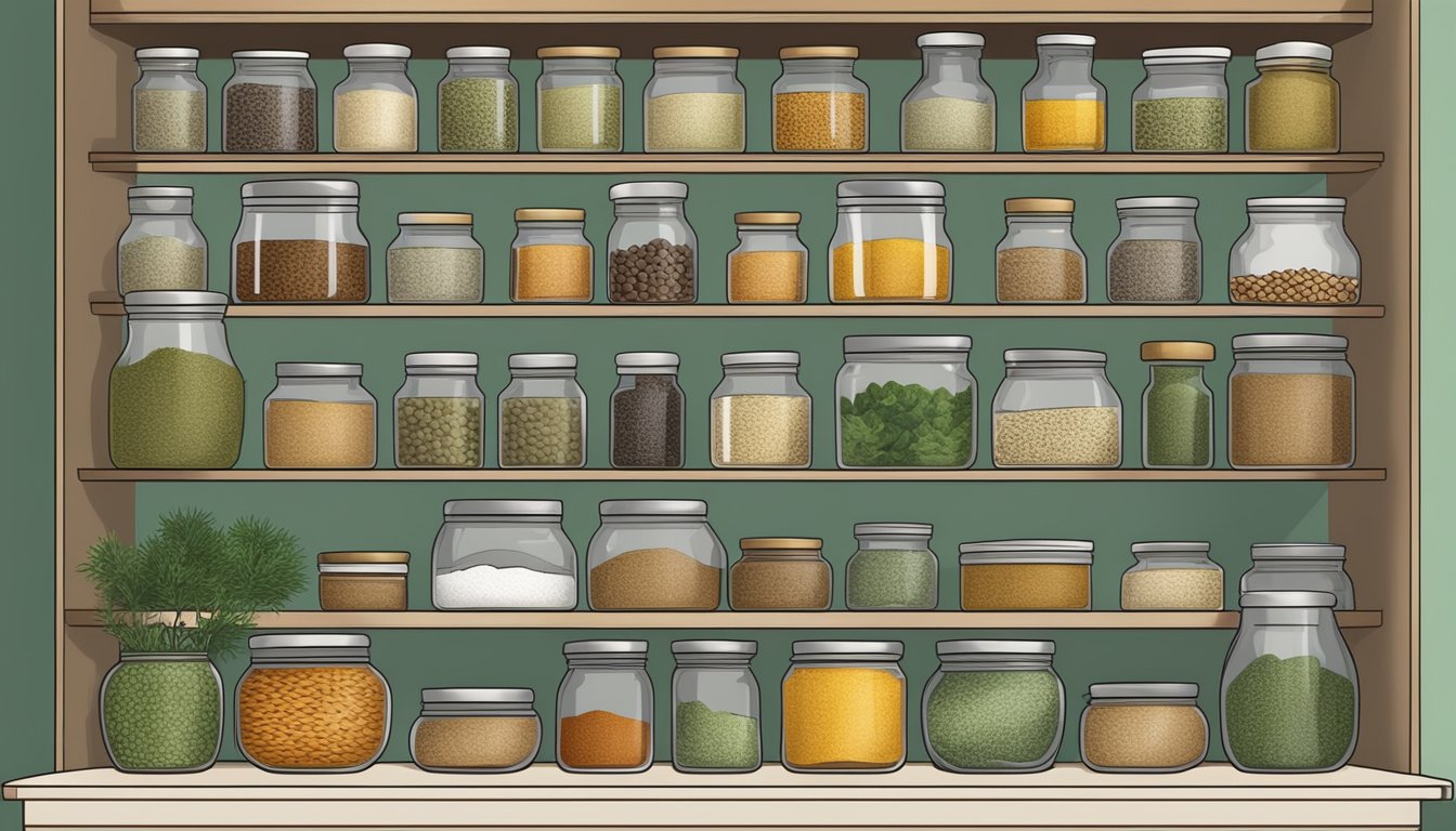 A pantry with shelves of dried herbs and spices, a jar of dill being replaced with a fresh one