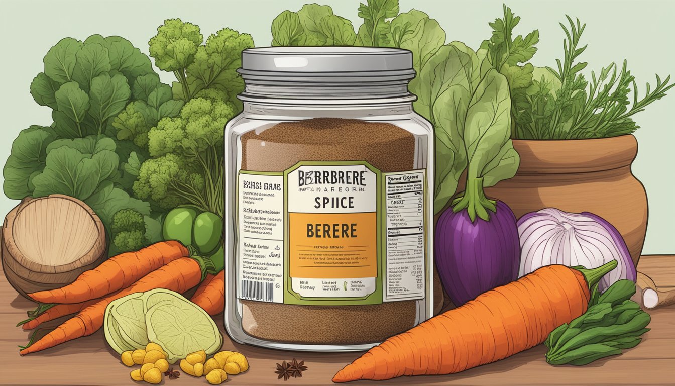 A jar of berbere spice sits on a kitchen counter, surrounded by colorful vegetables and a variety of fresh herbs. A nutrition label is visible on the back of the jar