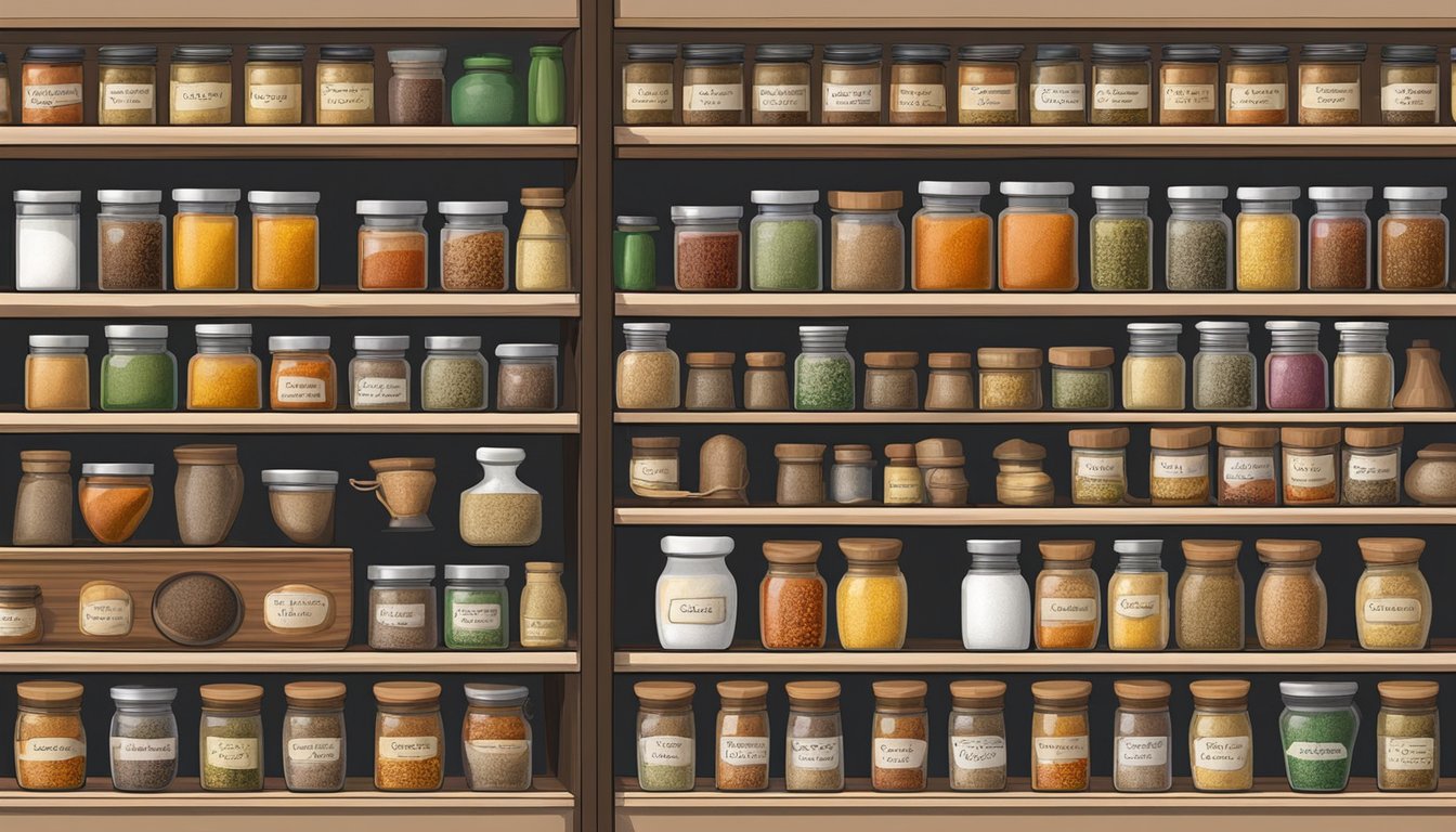 A shelf with various spice jars, including berbere, some open and partially used, others still sealed