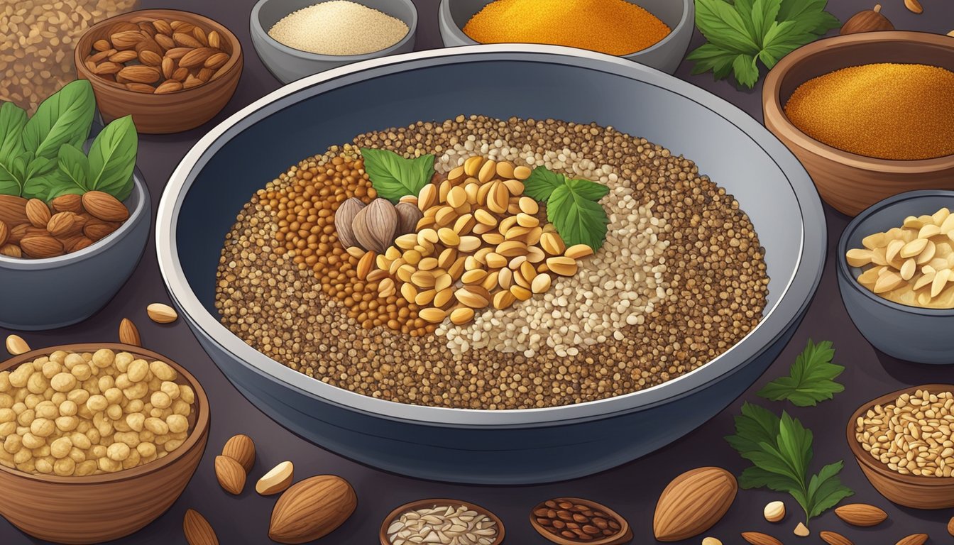 A bowl of fresh dukkah surrounded by a variety of colorful and healthy ingredients such as nuts, seeds, and spices