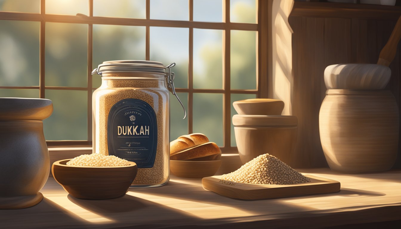 A jar of dukkah sits on a rustic kitchen shelf next to a loaf of bread and a mortar and pestle. Sunlight streams through the window, casting warm shadows on the scene