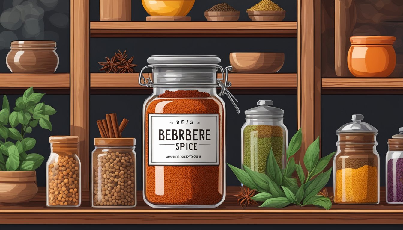 A jar of Berbere spice sits on a shelf, surrounded by other colorful spices and herbs. The rich red color and aromatic scent suggest freshness