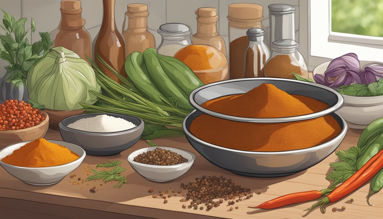 A vibrant bowl of Berbere spice sits on a kitchen counter next to a variety of fresh ingredients, ready to be incorporated into a delicious meal