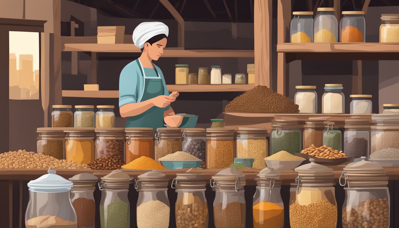 A rustic market stall with jars of fragrant spices, nuts, and seeds. A vendor scoops freshly made dukkah into small bags for customers