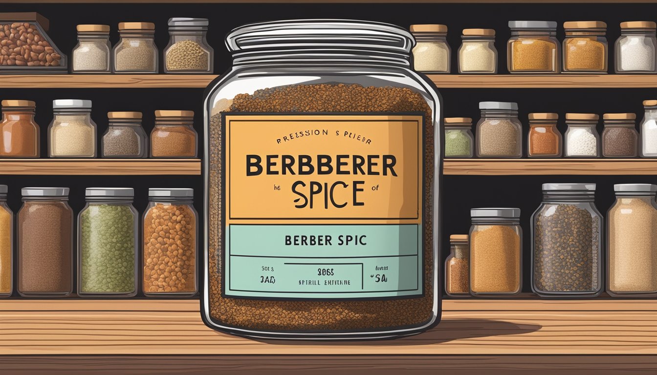 A jar of berbere spice sits on a clean, organized pantry shelf, with other spices neatly arranged around it. The label on the jar is facing forward, and the lid is tightly sealed