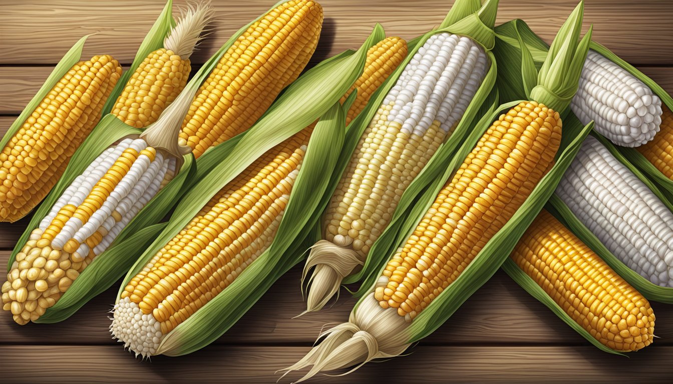 A variety of corn cobs, including yellow, white, and bi-color, arranged on a rustic wooden table with husks partially peeled back