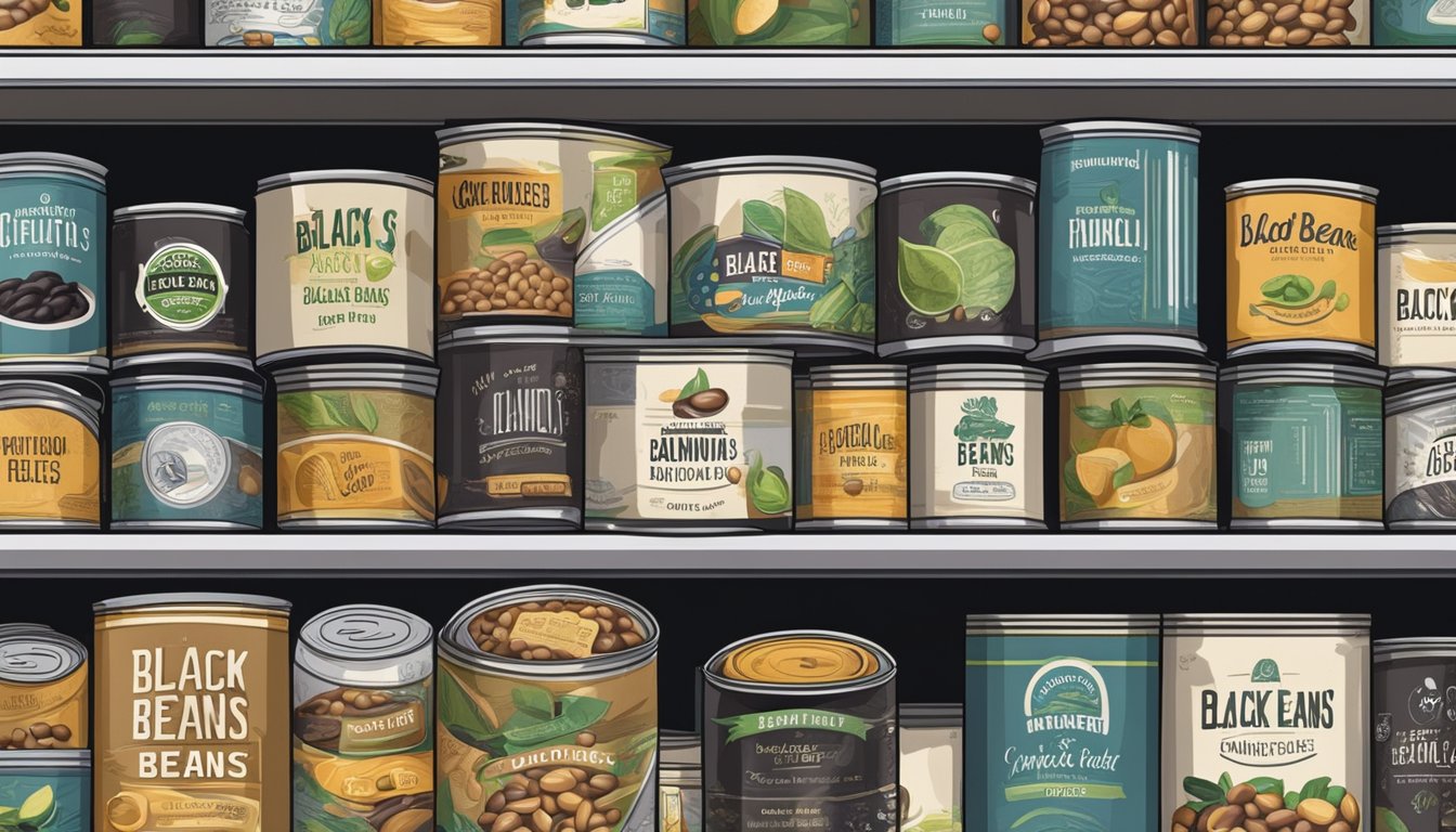 A can of black beans sits on a kitchen shelf, surrounded by other canned goods. Its label is clean and undamaged