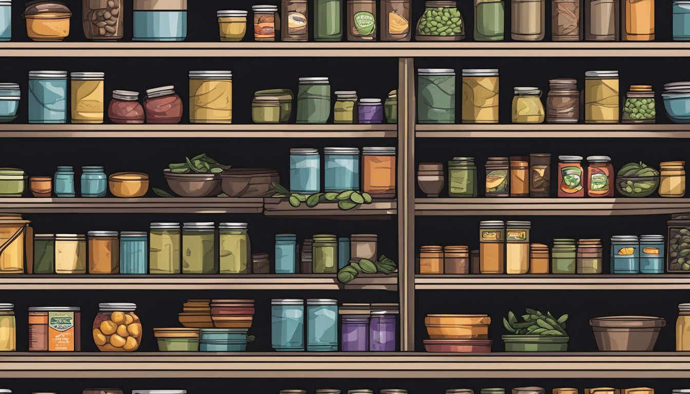 A can of black beans sits on a shelf in a dark pantry, surrounded by other canned goods