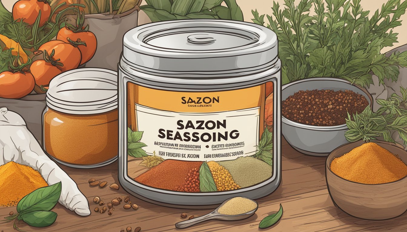 A jar of Sazon seasoning sits on a kitchen counter, surrounded by vibrant spices and herbs. The label on the jar indicates an expiration date