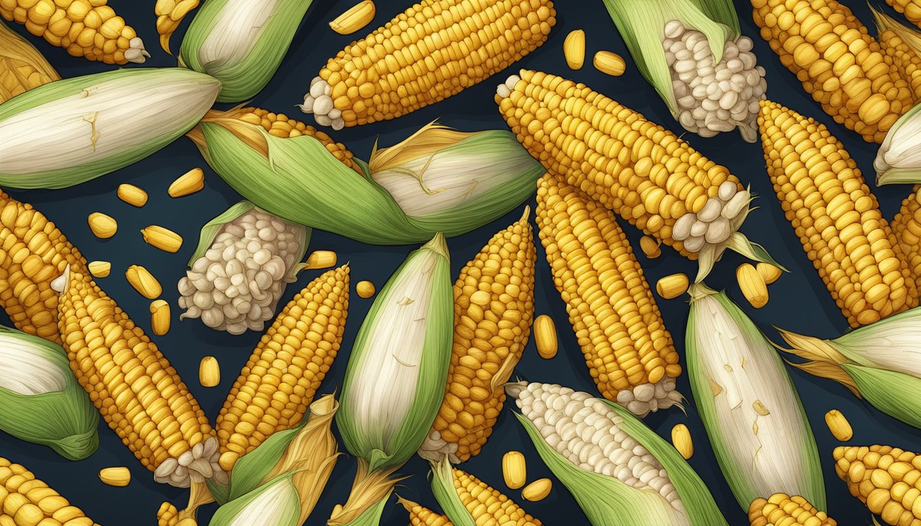 A pile of rotting corn with mold and discolored kernels