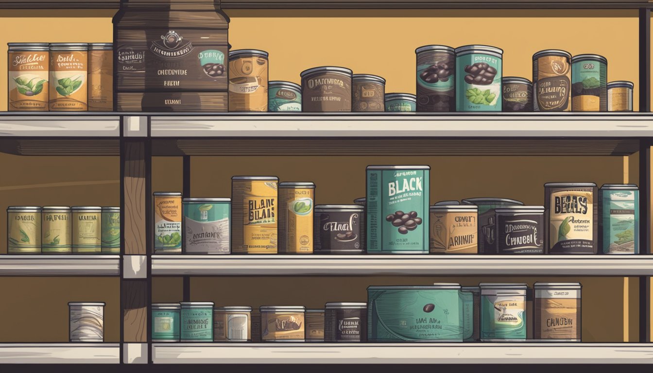 A can of black beans sits on a pantry shelf, surrounded by other canned goods. The label is faded, and the can shows signs of wear