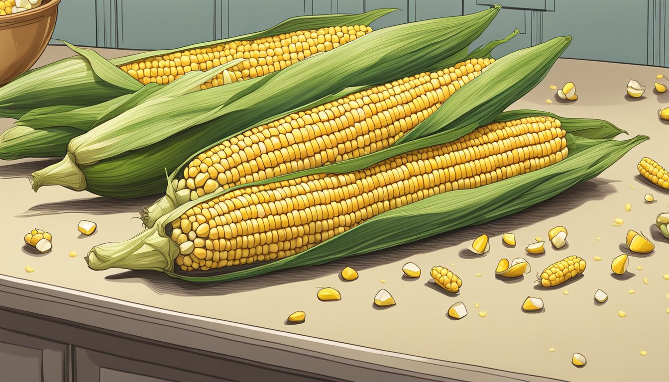 A pile of fresh corn on the cob sits on a clean, well-lit kitchen counter. A few loose kernels are scattered nearby