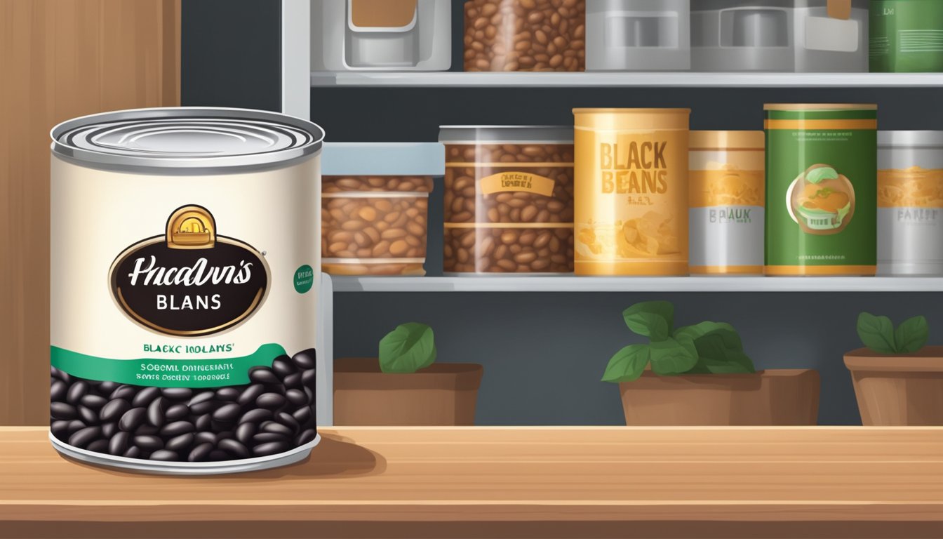 A can of black beans with visible signs of spoilage, such as mold or discoloration, sitting on a pantry shelf