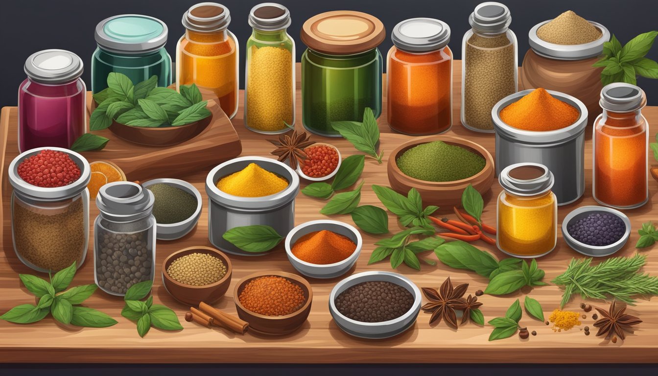 A variety of vibrant spices and herbs are arranged on a wooden cutting board, surrounded by colorful jars and bottles