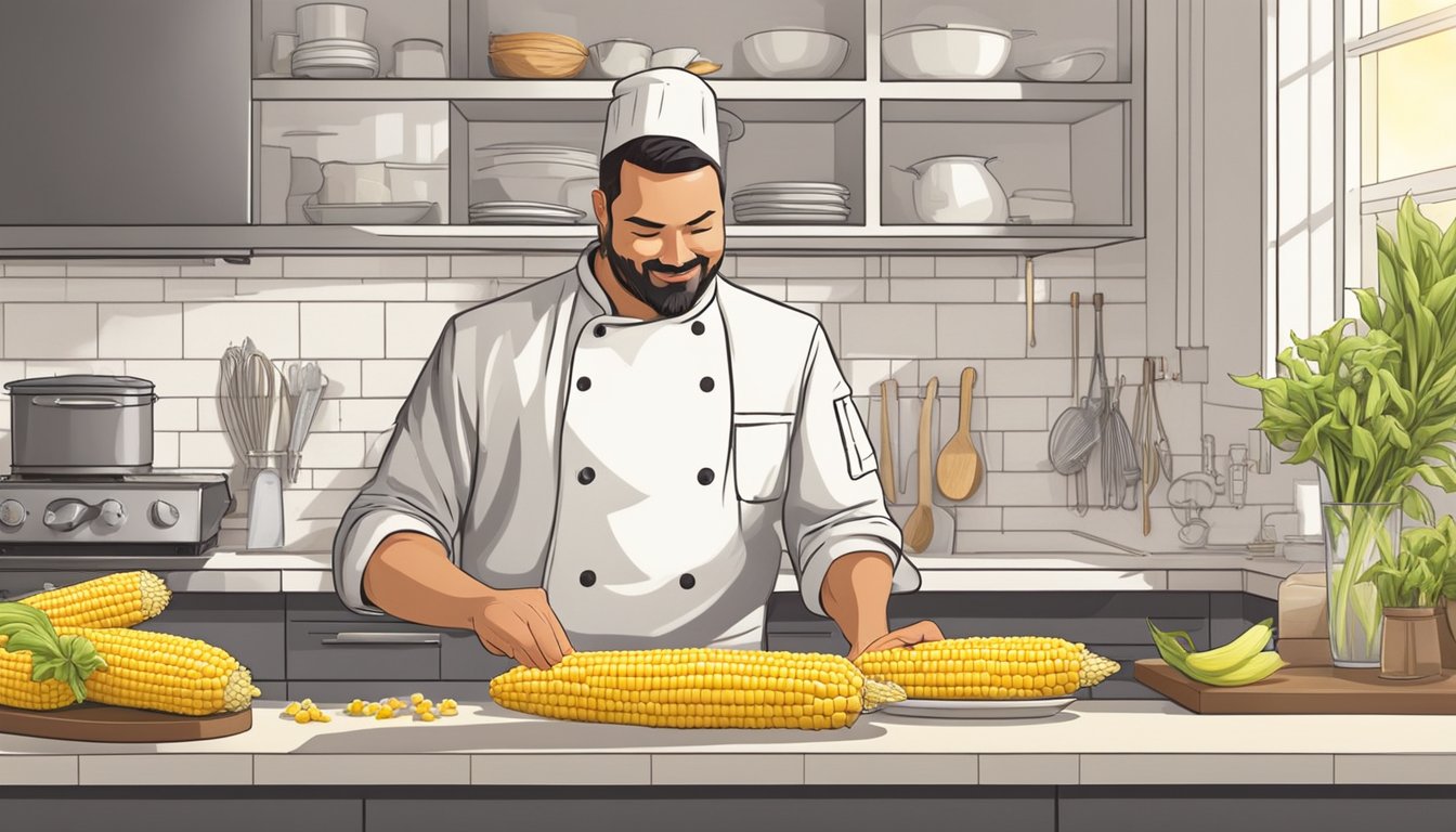 A chef expertly shucks fresh corn, then demonstrates various cooking techniques in a bright, well-organized kitchen