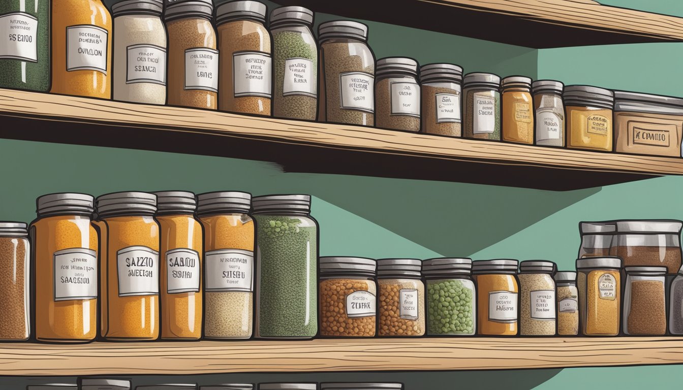 A pantry shelf with various spice jars, including a bottle of sazon seasoning, with expiration dates clearly labeled