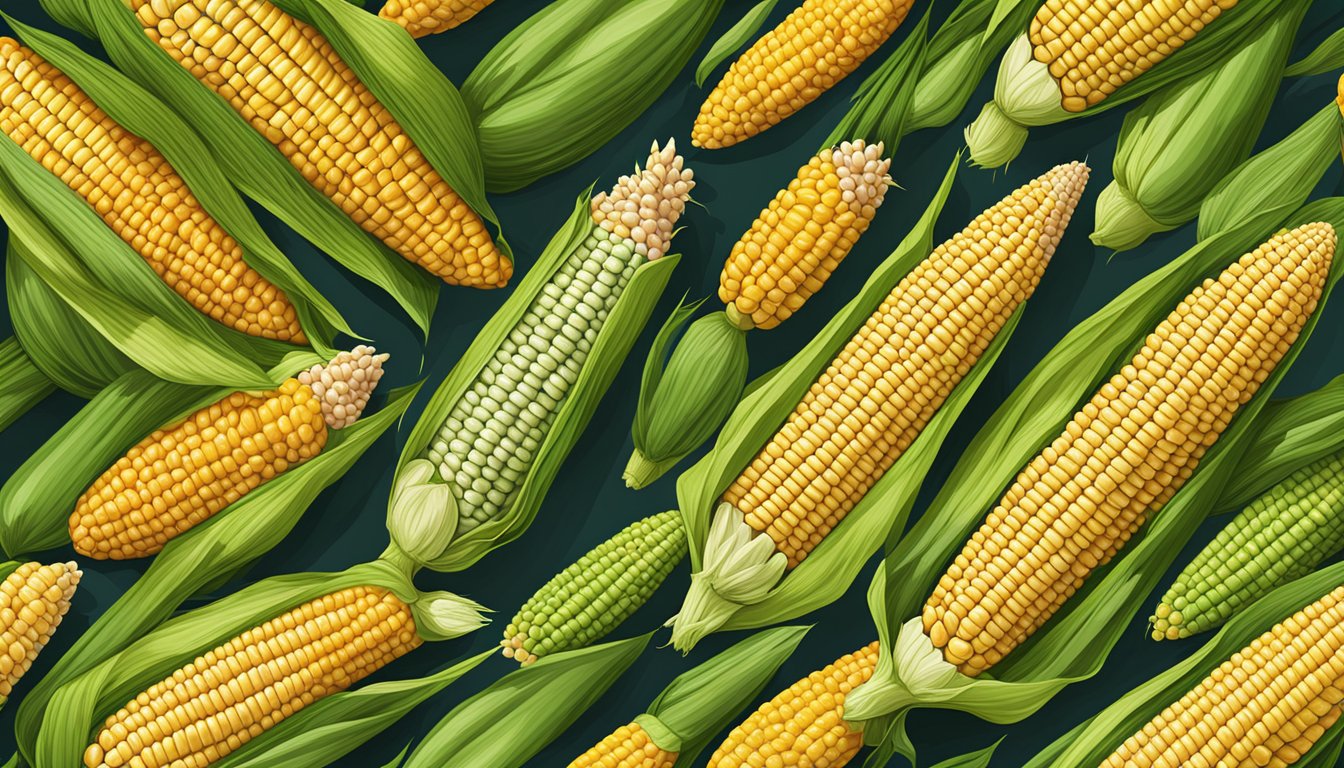 A variety of corn ears arranged in rows, showcasing different colors, shapes, and sizes. Some are fresh and vibrant, while others show signs of spoilage