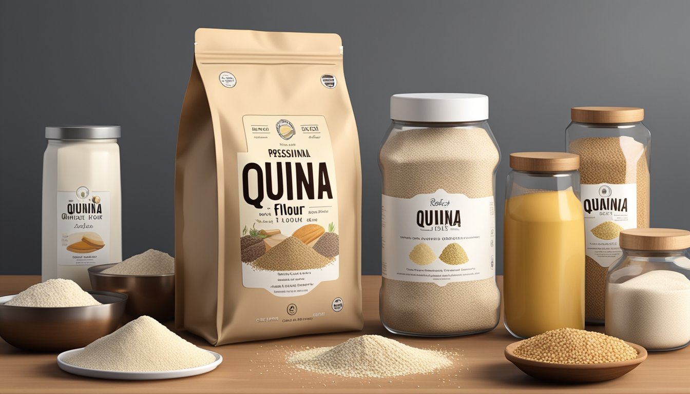 A bag of quinoa flour sits on a kitchen counter, surrounded by various baking ingredients and utensils. The flour is in a clear, airtight container, with a best-by date visible on the label