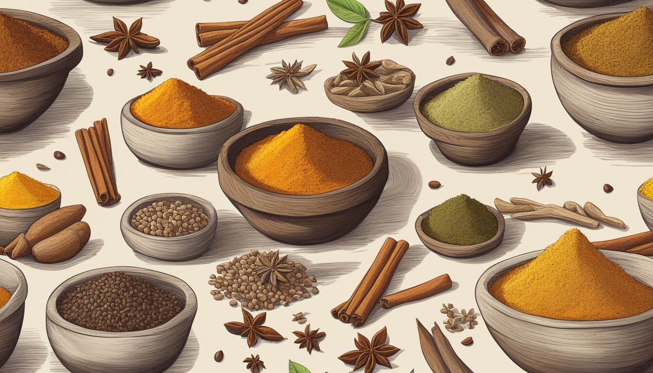 A colorful array of spices and herbs, including cinnamon, cumin, and saffron, are carefully measured and blended together in a rustic mortar and pestle